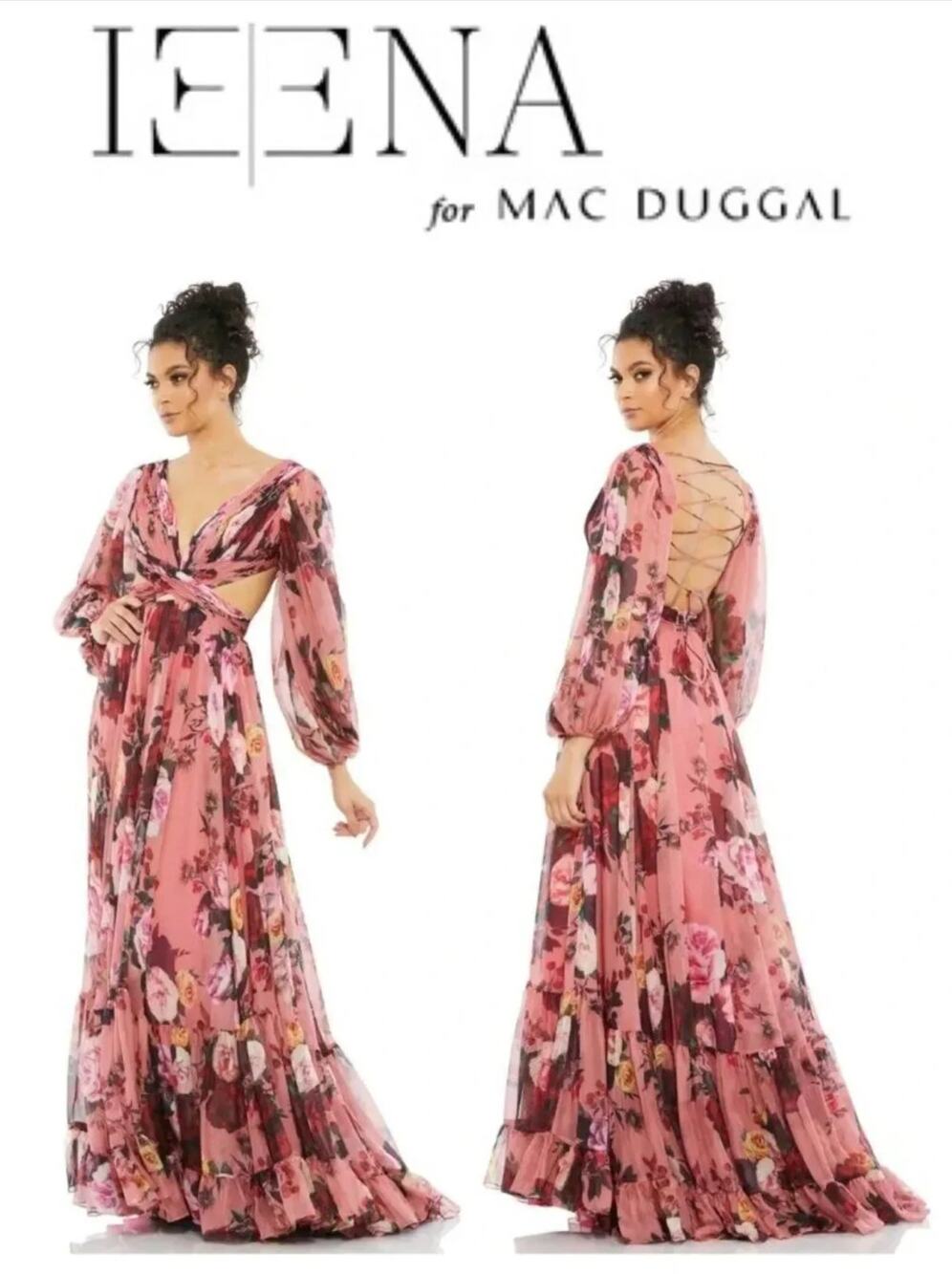 MAC DUGGAL Size 2 Pink 67946 Floral Cutout Open Back Blouson Sleeve Dress